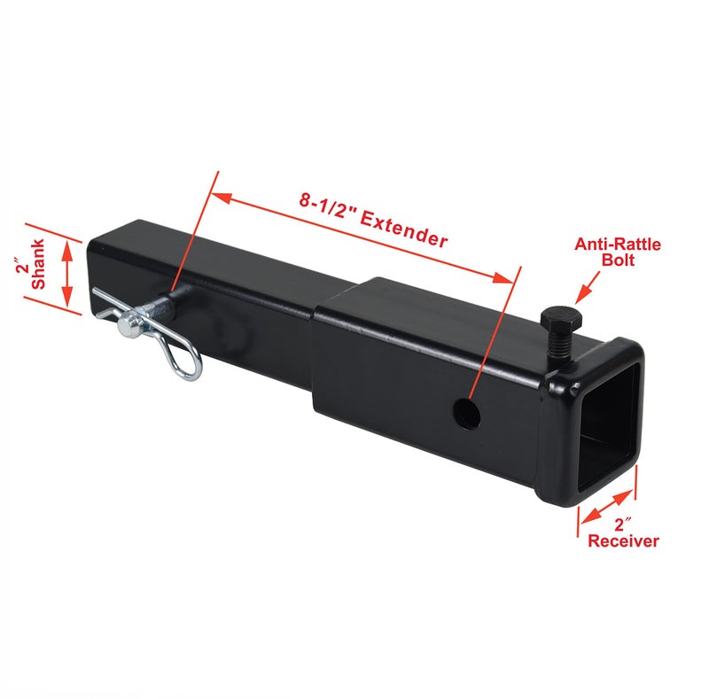TOPTOW Hitch Extender, Fits for 2 inch Receiver, 8.5 inch Extension Length, Anti-Rattle Bolt, with Hitch Pin Kit and Anti Rattle Stabilizer - Image 2